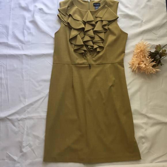 Sz 12 Mustard Green Dress with Ruffles on Front - Picture 6 of 6